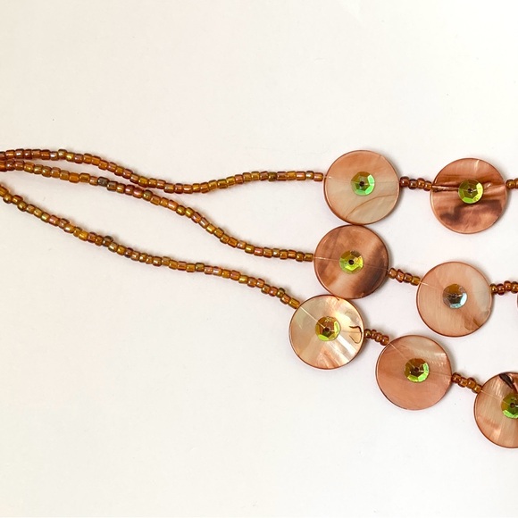 pink tan pearly disc beads 3 strand necklace with iridescent sequins boho chic - Picture 11 of 17